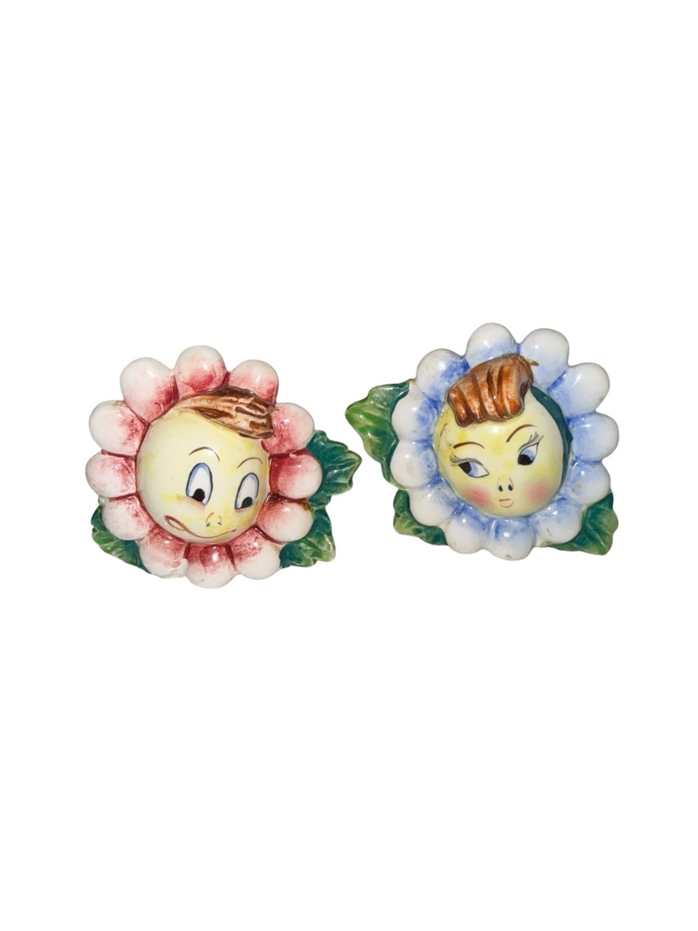 Vintage anthropomorphic pink and blue flower salt and pepper shakers